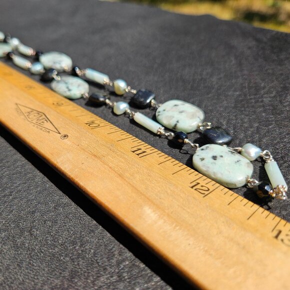 Black Onyx and Blue Amazonite Sterling Silver Necklace - Picture 4 of 6